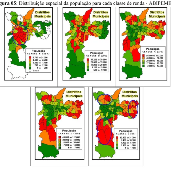 Figura 05: Distribuição espacial da população para cada classe de renda - ABIPEME 