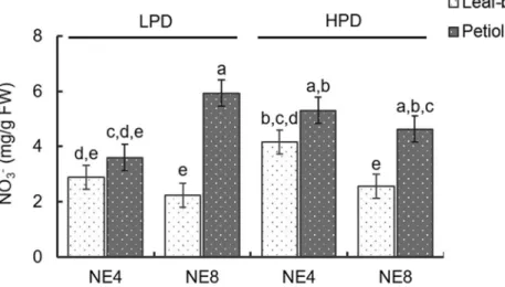 Fig. 4. E ﬀ ects of plant density (LPD e 160 plants/m 2 ; HPD e 280 plants/m 2 ) and emitter spacing (NE4 e emitters 25.0 cm apart; NE8 e emitters 12.5 cm apart) on leaf blade and petiole nitrate  concen-tration