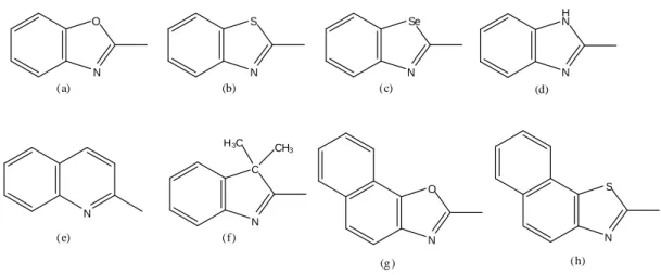 Figura 1.3: Grupos heterocíclicos terminais mais comuns nas cianinas: (a) benzoxazole, (b)  benzotiazole, (c) benzoselenazole, (d) benzimidazole, (e) quinolina, (f) 3-H-indole, (g) naftoxazole,  (h) naftotiazole [18]