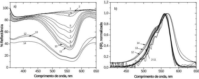 Figura 2.11: a) Espectro de reflectância difusa b) Função de remissão normalizada no máximo de  absorção do monómero, para o iodeto de 3,3´-dideciltiocarbocianina adsorvida em celulose  microcristalina a partir do etanol