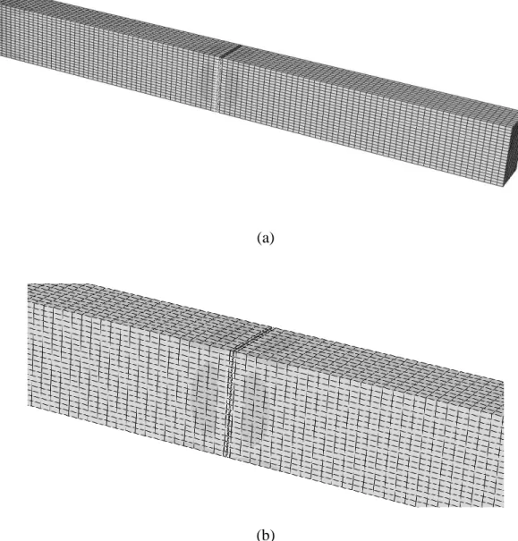 Figura 11 - Aspecto da malha de elementos finitos imediatamente antes da rotura (provete sem defeitos na  junta colada): (a) provete integral; (b) pormenor da zona colada