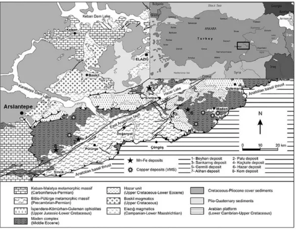 Figure 15 Regional geological map of the Malatya-Elazığ region, showing the location of the site Arslantepe (slightly modified  from Turkish Geology Map of MTA 2002, 1:500,000 scale) (Fragnoli, 2018)