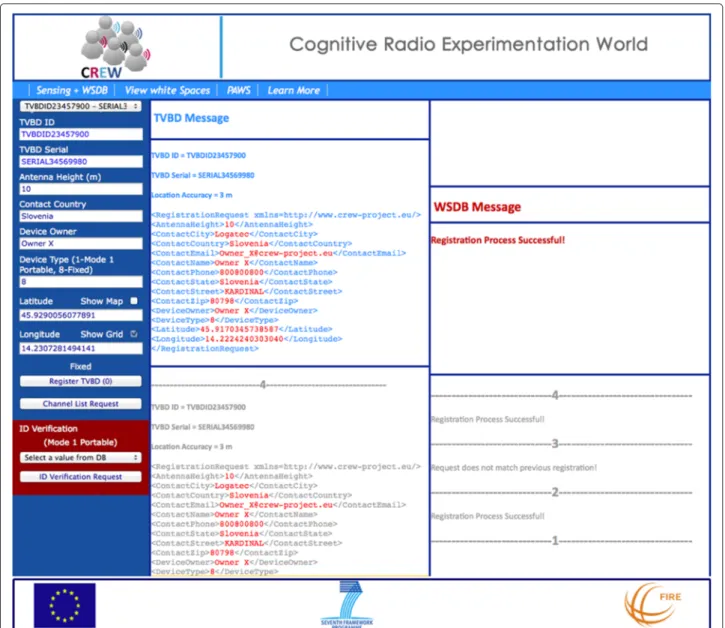 Figure 9 GUI of the demo, presenting the message exchange between a WSD and a geolocation database.