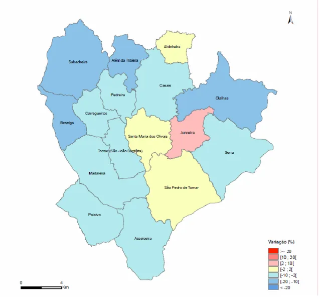 Figura 2: Variação da população residente por freguesia, 2001-2011 