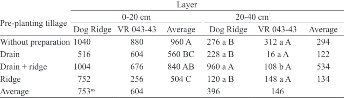TABLE 3- Number of ground pearl cysts associated with the roots of two grapevine rootstocks according  to the soil tillage in pre-planting and layer sampled