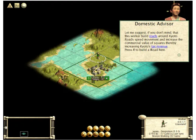 Figure 50 – Civilization III’s suggestions and directions in mid-tutorial game. 