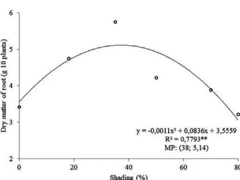 FIGURE 1 – Dry matter of root (g) of açai plants as affected by shading... 