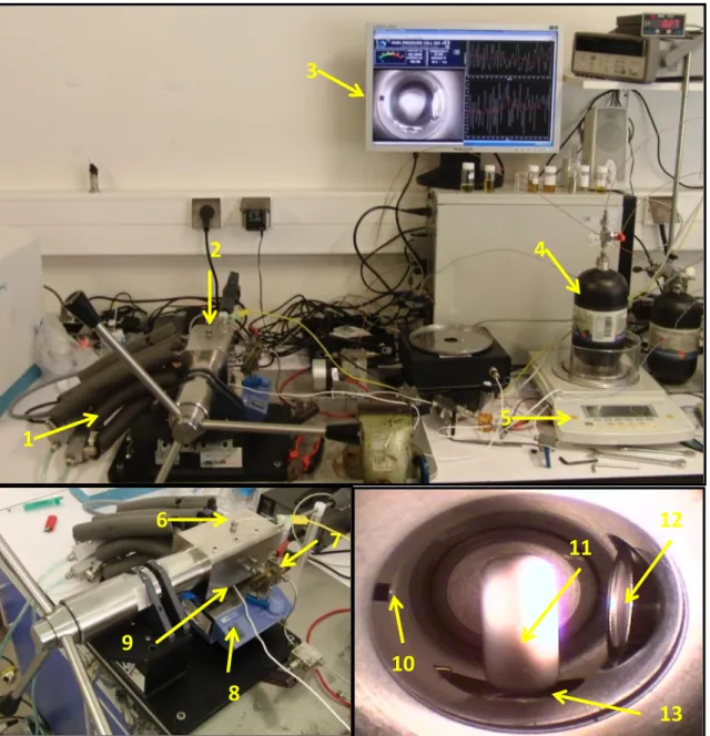 Figure  3.1-  Components  of  the  high  pressure  cell:  1)  Thermostatized  bath  circulator;  2)  High  pressure cell; 3) Video and data acquisition; 4) Gas storage; 5) Analytical balance; 6) Temperature sensor; 