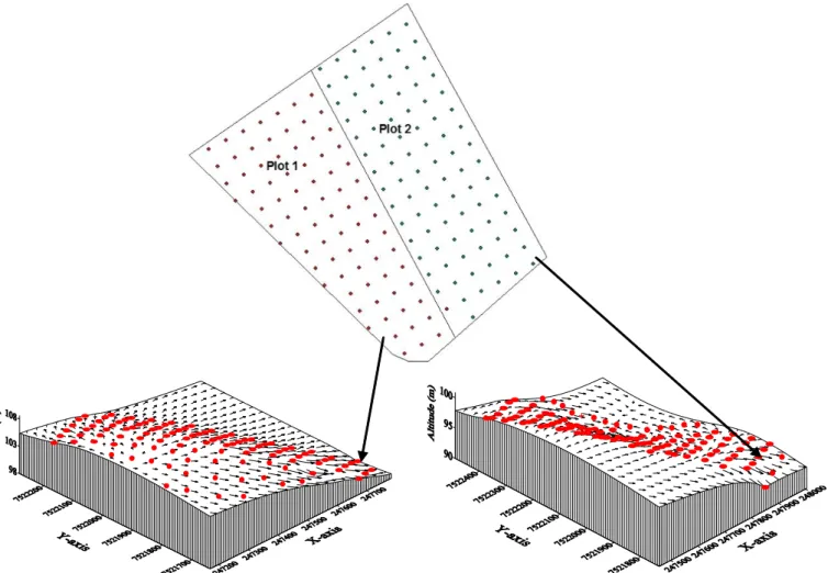 Figure 2. Di gital  terrain model  (DTM ) of the studied areas and the direction of water flow  (  ) and sample gri d (50 x 50 m) for the sampling of physical and chemical soil attri butes (red points)