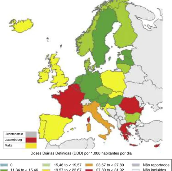 Figura 1 – Consumo de antibióticos em ambulatório em 30 países europeus, em 2012, em doses diárias definidas/