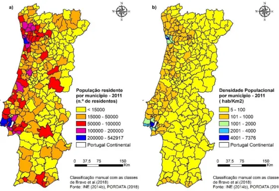 Figura 2 – População residente por município (a) e densidade populacional no ano 2011(b)