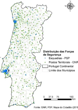 Figura 4 - Distribuição dos postos territoriais e esquadras das forças de segurança em Portugal  Continental