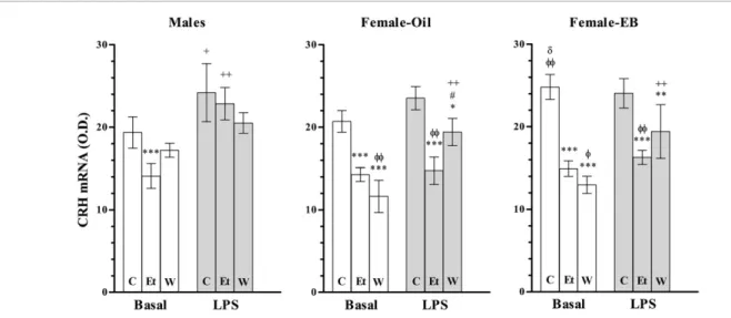 Fig. 4 – Graphic representation of the optical density of VP mRNA levels in control (C), ethanol-treated (Et) and withdrawn (W) male, and oil- and EB-injected ovariectomized rats, in unstressed conditions (Basal) and at 6 h after LPS administration (LPS).