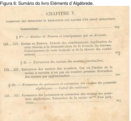 Figura 6: Sumário do livro Eléments d`Algébrede. 