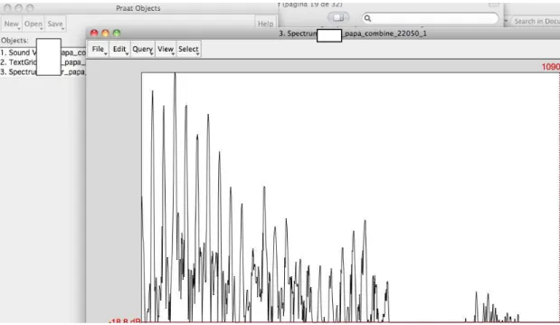 Figura 9  – Etapa 6: geração do espectro FFT a partir do espectrograma de banda estreita e inspeção do  traçado da vogal [a] de falante RO  