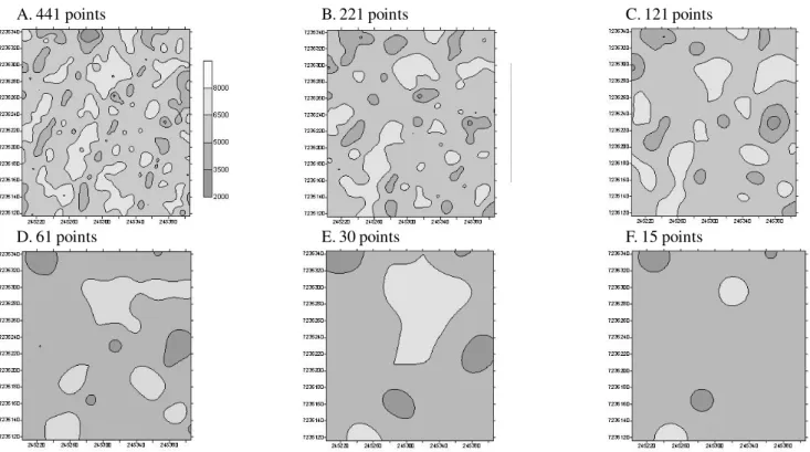 Figure 5.  Yield map (kg ha -1 ) by kri ging interpolation method based on the number of poi nts used