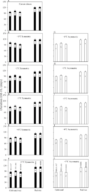 Figure 6. Simulated duration of the crop emergence to  flag leaf appearance (EM-FL) phase of three cultivated  rice genotypes (IRGA 417, EEA 406, and HYBRID)  and two weedy red rice biotypes (yellow-hull red  rice, YHRR, and black-hull red rice, BHRR) in c
