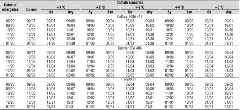 Table 2. Date (day/month) of V 3  Stage (Counce et al., 2000) of three rice genotypes estimated for different climate  scenarios and emergence dates