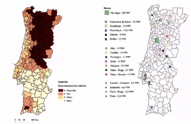 Figura 2.4 - Risco de incêndio florestal e localização das centrais de biomassa (Pedro, 2009)