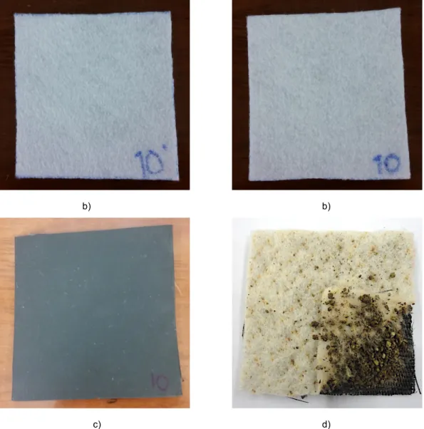 Fig. 4.2 – Geossintéticos utilizados no estudo: a) geotêxtil GTX300; b) geotêxtil GTX400; c) geomembrana; 