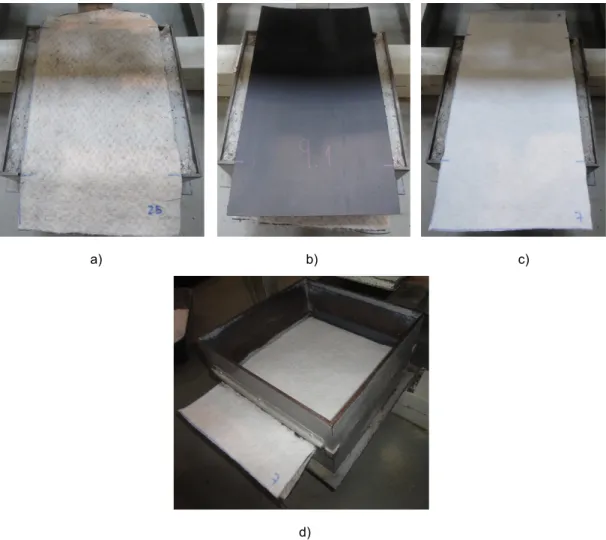 Fig. 4.7 – Colocação dos provetes: a) Provete de geocompósito; b) Provete de geomembrana; c) Provete de  geotêxtil; d) Vista geral dos provetes no equipamento 