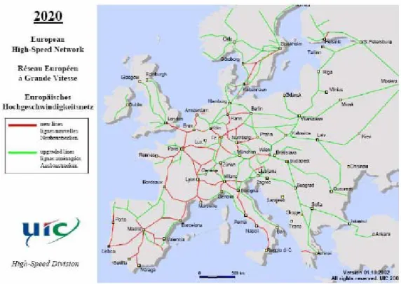 Figura 1.1. Previsão da rede Europeia de Alta Velocidade para o ano de 2020. (fonte: http://www.uic.asso.fr/) 