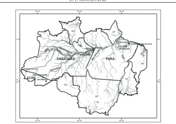 FIGURE 1- Map of the North Region of Brazil. Spots indicate sample places of Oenocarpus mapora  accessions analyzed in this study