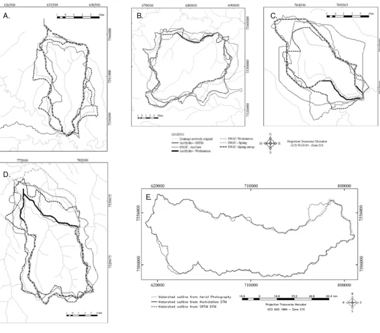 Figure  3 . Antonio  João (a),  Itahum (b),  Consolo (c) and  Glória de  Dourados (d) sub-watershed  and Dourados  (e) basin delineation comparison