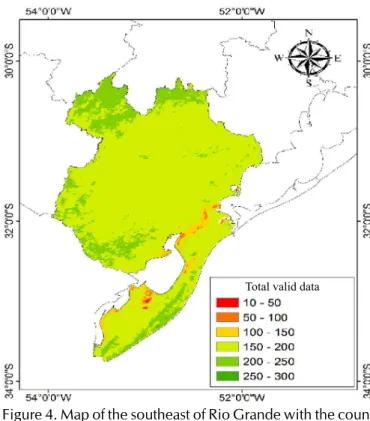 Figure 5. Map of the southeast of Rio Grande with the  count of the frequency of days with LST < 0 °C (A), LST 