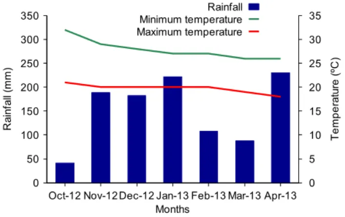 Figure 1  . Data of maximum temperature, minimum  temperature and rainfall during the experimental period  from October 2012 to April 2013