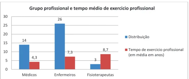 Gráfico  3  –  Distribuição  dos  indivíduos  de  acordo  com  o  grupo  profissional  e  tempo  médio  de  exercício profissional 