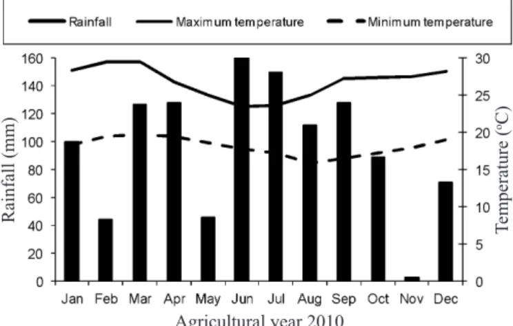Figure 1. Rainfall and temperature data during the  experiment conducted in 2010