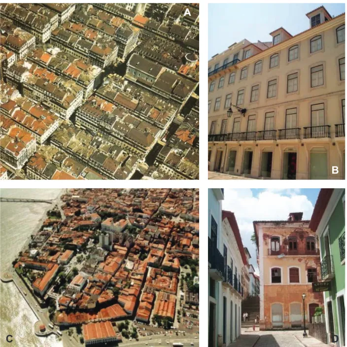 Figure 2. (a) Aerial view of the Baixa Pombalina. (b) Architectural aggregate of the Baixa Pombalina