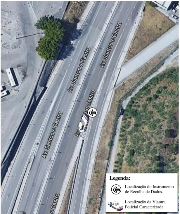 Figura 5: Localização do Instrumento de Recolha de Dados e da viatura policial caracterizada  no 2.º Ponto de Observação na Avenida Santos e Castro