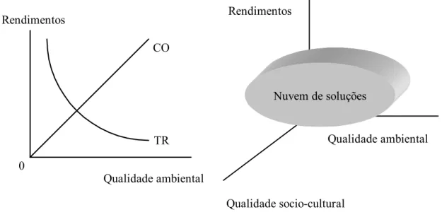 Fig.  3.4  –  Modelos  conceptuais  de  funções  de  satisfação  no  modelo  clássico  rendimento/qualidade ambiental e no modelo complementar de sustentabilidade em que  existe uma  “nuvem” de soluções compatibilizando os três eixos 