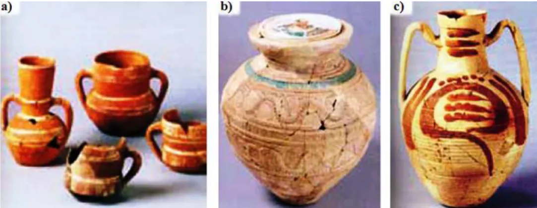 Figura 2.2 – Técnicas de produção: a) cerâmica decorada com pintura branca do séc. X/XI [7]; b) talha  estampilhada com tampa [7]; c) cântaro, decoração pintada a vermelho, 1º metade do séc