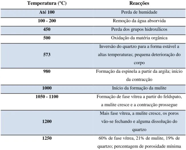 Tabela 2.5 – Comportamento de um corpo cerâmico com os três componentes básicos [14]. 