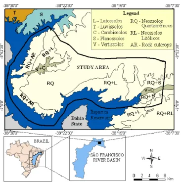 Figura 1. Map of dominant soils at the margins of  Itaparica Reservoir showing the study area (adapted  from Araújo Filho et al., 2000)