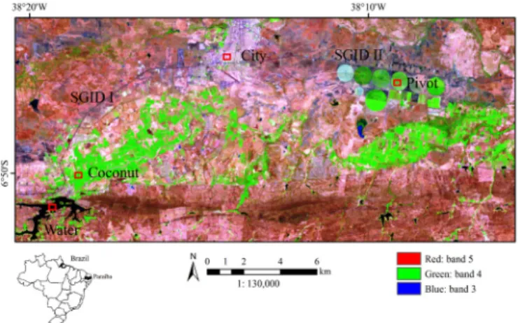 Figure 1.  Section of OLI-Landsat 8 image on September  12, 2013, in RGB453 composition and highlights for the  areas of Sçao Gonçalo Irrigation District (SGID) I and II and  other areas selected for analysis of the results