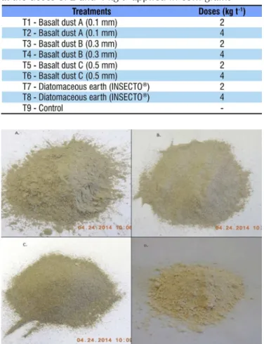 Figure 1. Basalt dusts (A, B and C) with granulometry  of 0.1, 0.3 and 0.5 mm, from the municipality of União  da Vitória-PR provided by the company Ekosolos  Indústria Remineradora de Solos Ltda., and commercial  diatomaceous earth (D) (INSECTO ® ) provid