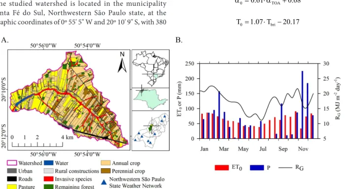 Figure 1. Land use and occupation in the Cabeceira Comprida stream’s watershed (A), Means (every 16 days) of global  radiation - R G  and totals of pluviometric precipitation - P and reference evapotranspiration - ET 0 , during the year 2015 (B)
