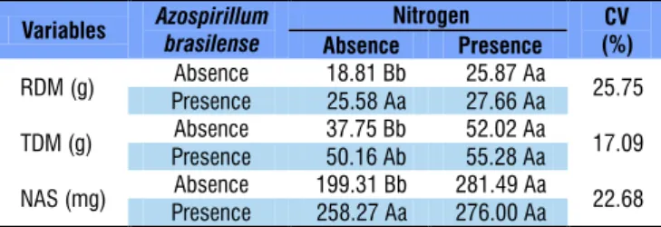 Table 1. Root dry matter (RDM) and total dry matter (TDM)  of maize plants and nitrogen accumulated in the shoots  (NAS) as a function of the interaction between Azospirillum  brasilense and nitrogen