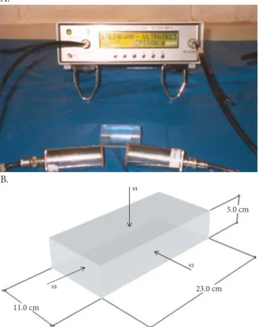 Figure 1. Non-destructive evaluation of the bricks: portable  ultrasound device (A), Reading directions of ultrasonic  pulse propagation velocity, dimensions in cm (B)