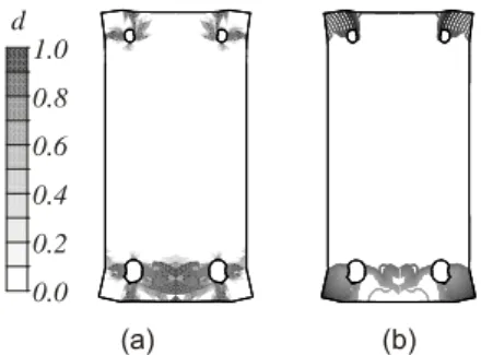 Figura 4. Análise Transversal. (a) Deterioração da matriz de betão; (b) linhas de  isodeslocamento denunciando a fendilhação