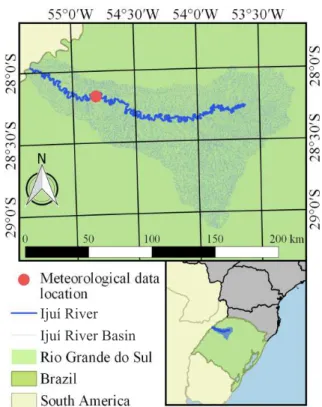 Figure 1 indicates the location (28° 18' W of latitude and  54° 83' S of longitude) for where these meteorological variables  of current (1961-1990) and future (2011-2100) periods were  projected