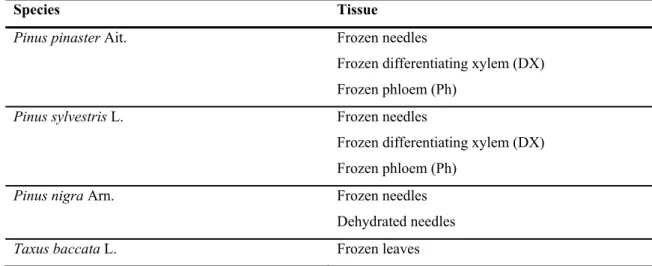 Table II.1 – Gymnosperm species and respective tissue(s) tested in the optimized DNA extraction protocol 
