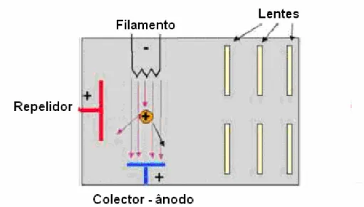 Figura 3.3 – Esquema ilustrativo de uma fonte de ionização por impacto electrónico 