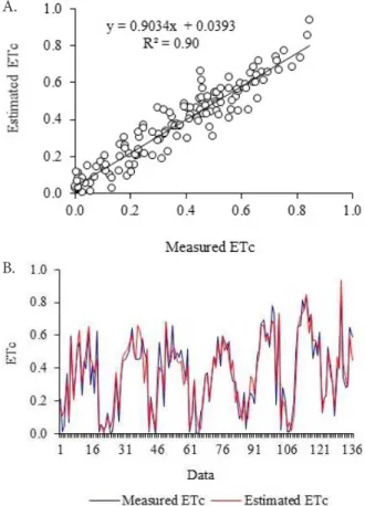 Figure 5.  Functional relationship of the normalized data  of ETc measured in the lysimeter and ETc estimated by the  artificial neural network (A) in the test step (B)