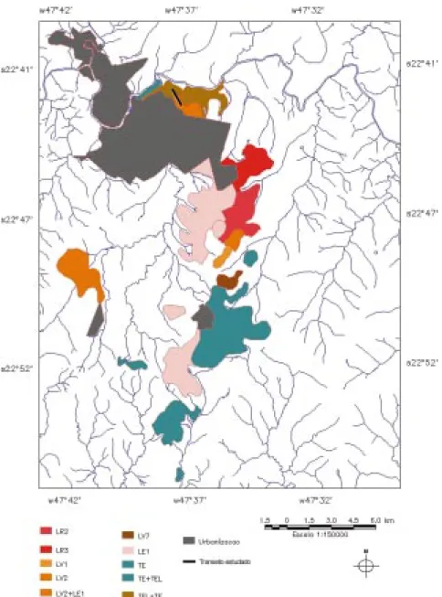 Figure 3. Map showing the Latossolos eutro- or distroférricos (Typic Hapludox) (LR2 and LR3) and Nitossolos vermelhos (Rhodic Kandiudalf) (TE, TE + TEL and TEL + TE) summits that would be vestiges of a tectonic barrier and their abrupt transition with sand