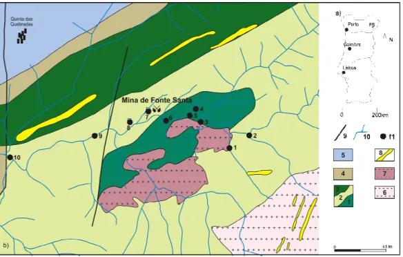 Figure 1  –  a) Location of Fonte Santa mine area (FS), northeast Portugal; b) Geological map of the Fonte  Santa mine (modified from Silva, 2000)
